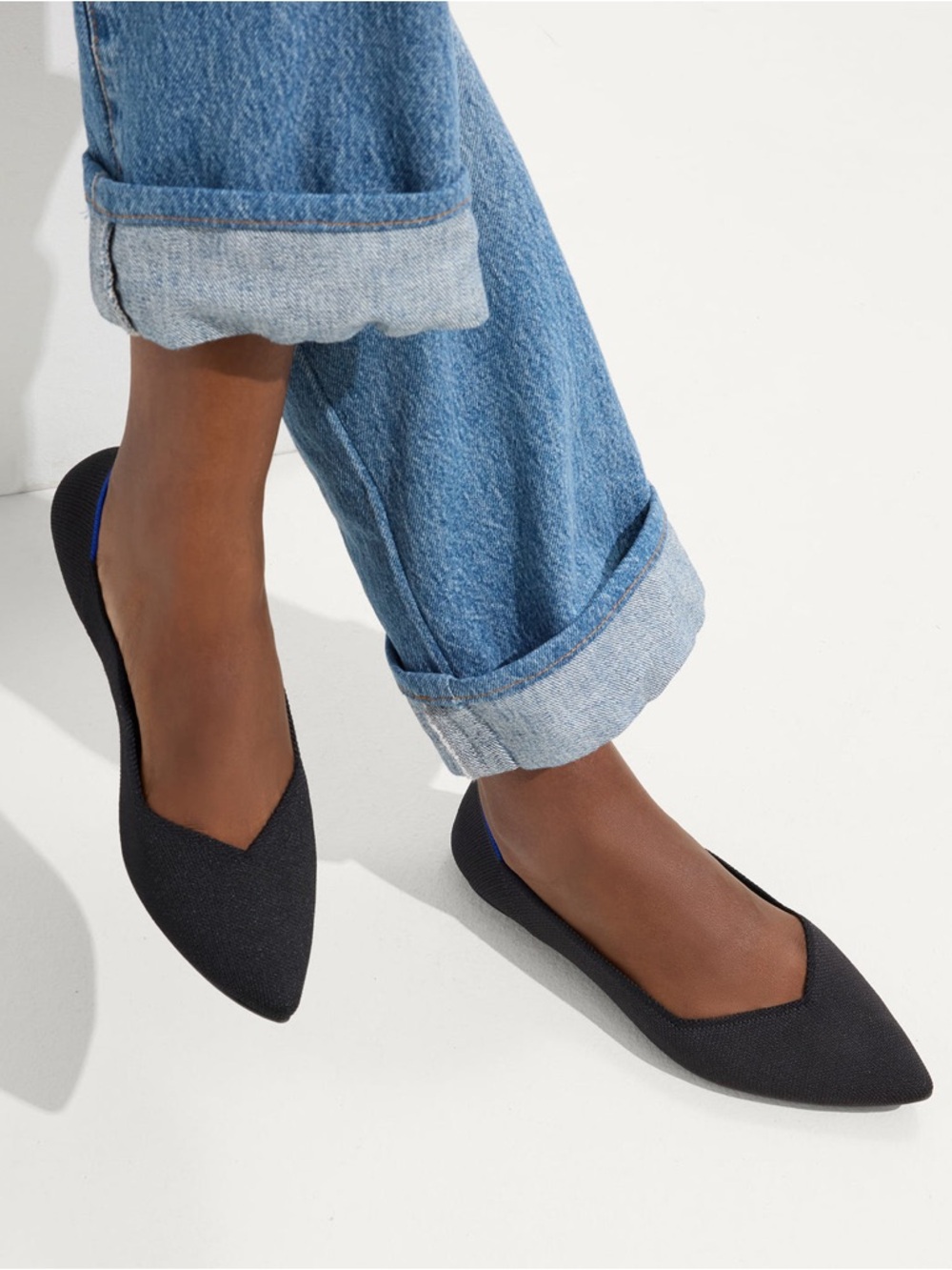 Rothy's Black Pointed-Toe Knit Flats with Blue Accent - Picture 2 of 8